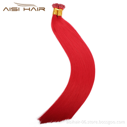 Aisi Hair 10A Unprocessed Red Human Hair Pre Bonded Keratin Double Drawn I Tip Human Hair Extension For Women